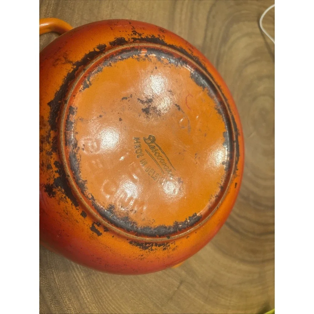 VTG 60s Descoware Flame Orange Enamel Cast Iron Dutch Oven FE 22-C Belgium 22cm